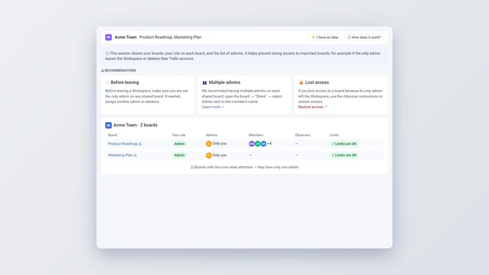Boards table with roles and a single-admin warning