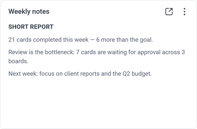 Text block widget with a short report
