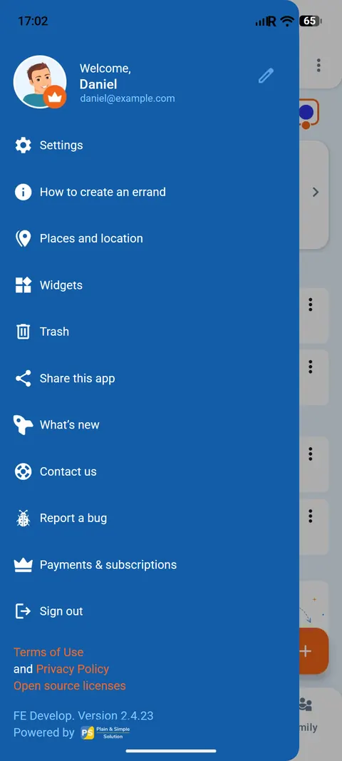 The open menu with Settings at the top