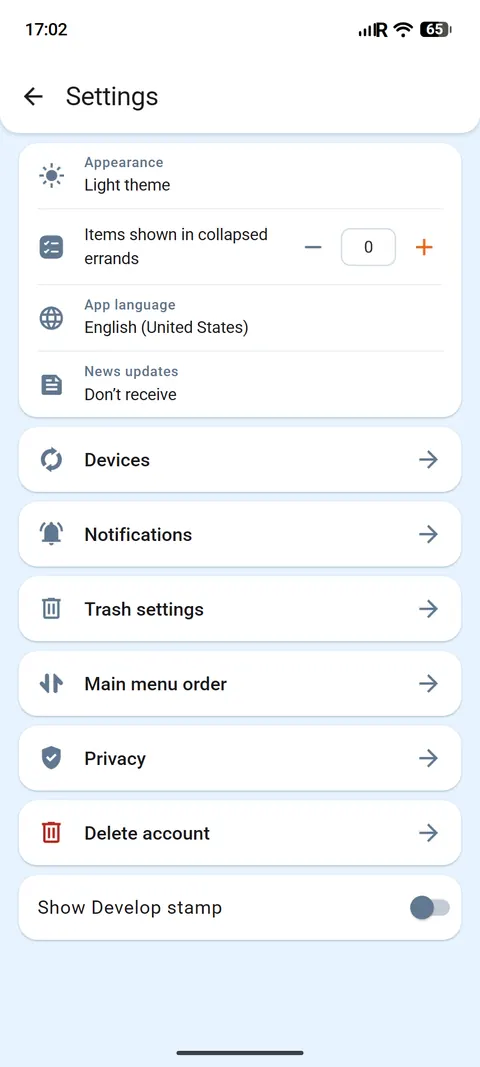 Settings with Delete account at the bottom