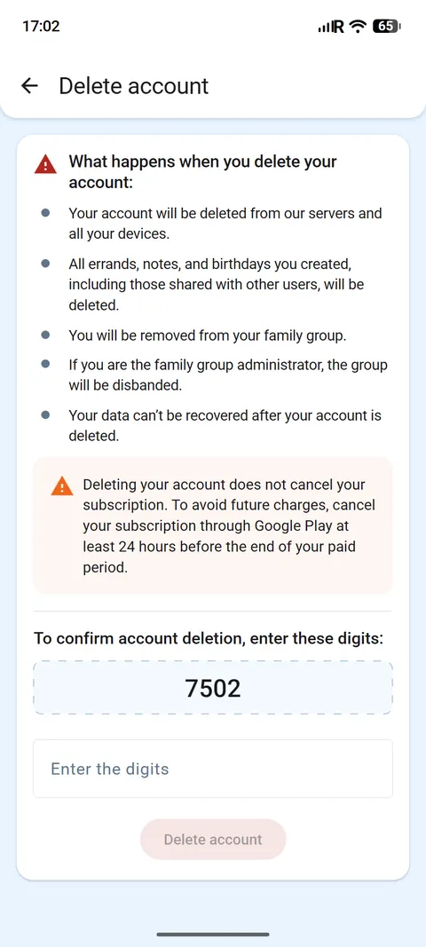 Delete account screen with what happens when you delete your account