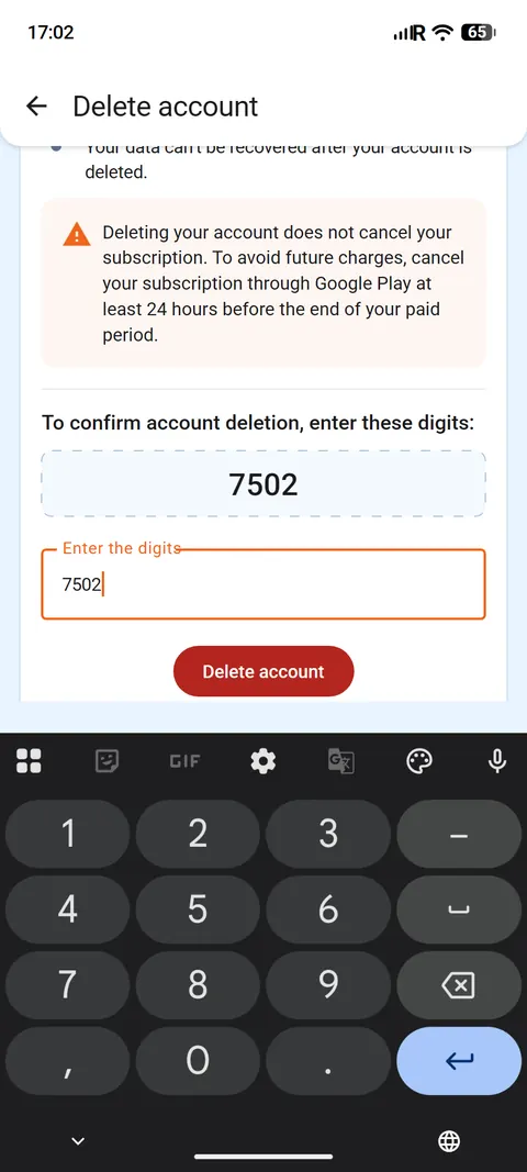 Confirmation digits entered and the Delete account button