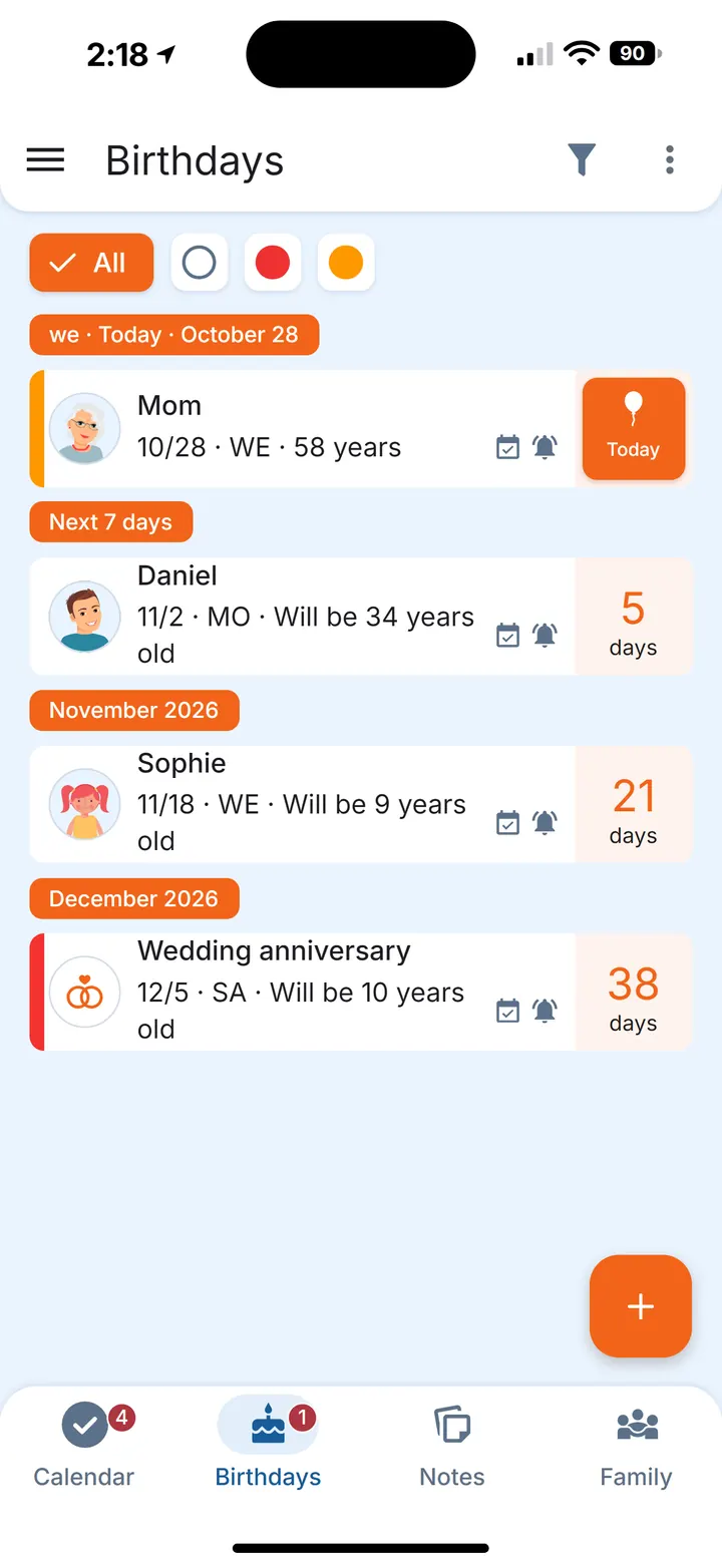 Birthdays with countdowns to each day