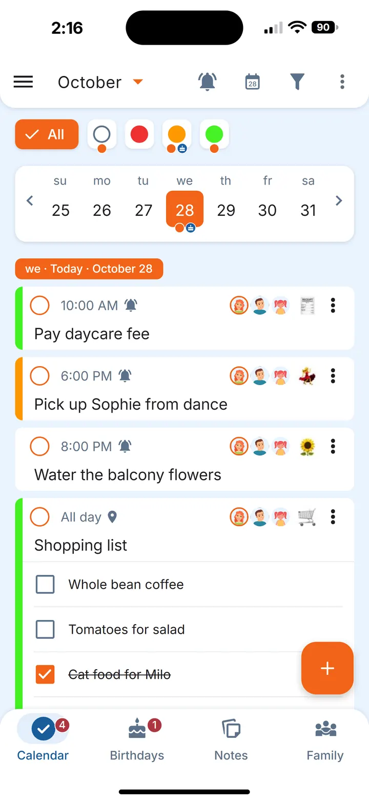 Family Errands calendar with today's errands