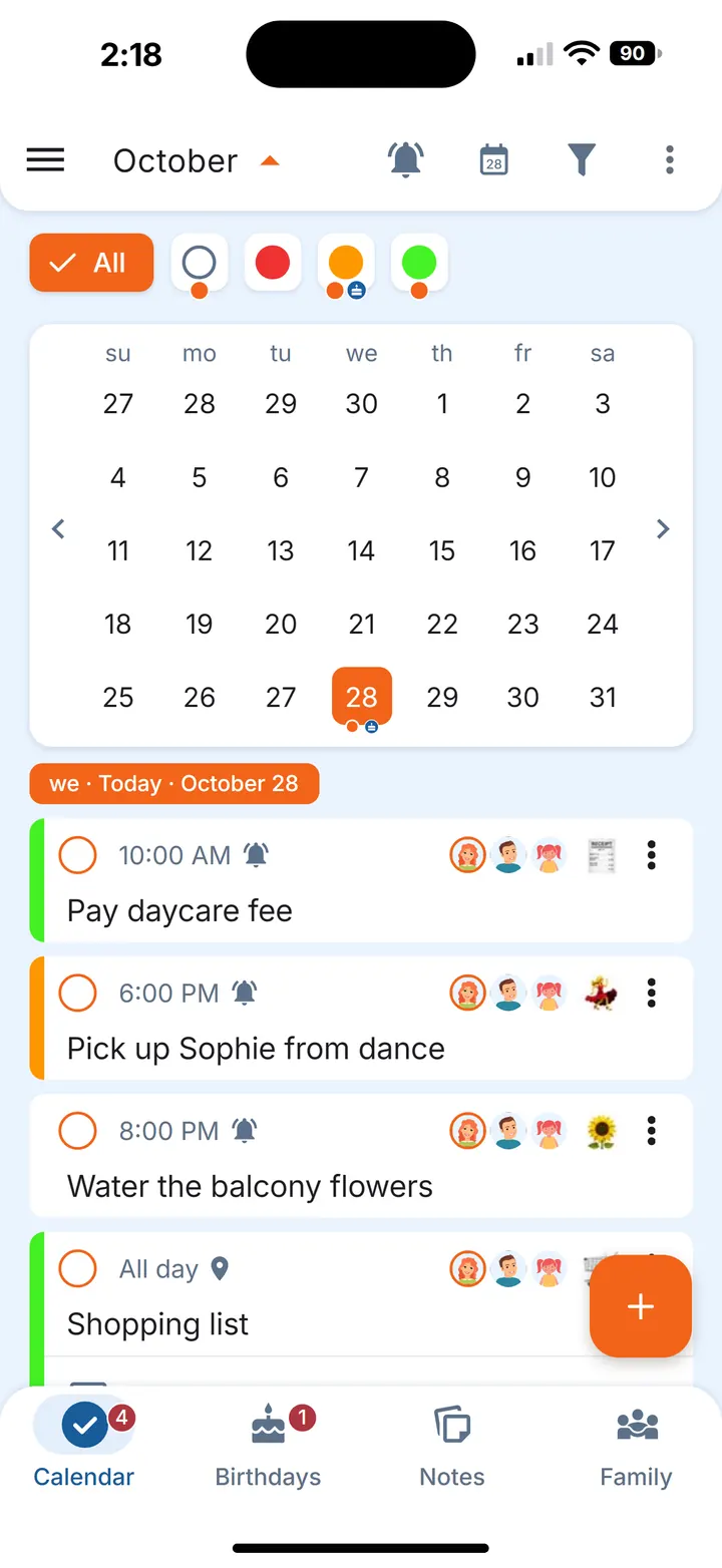 Month view of the family calendar