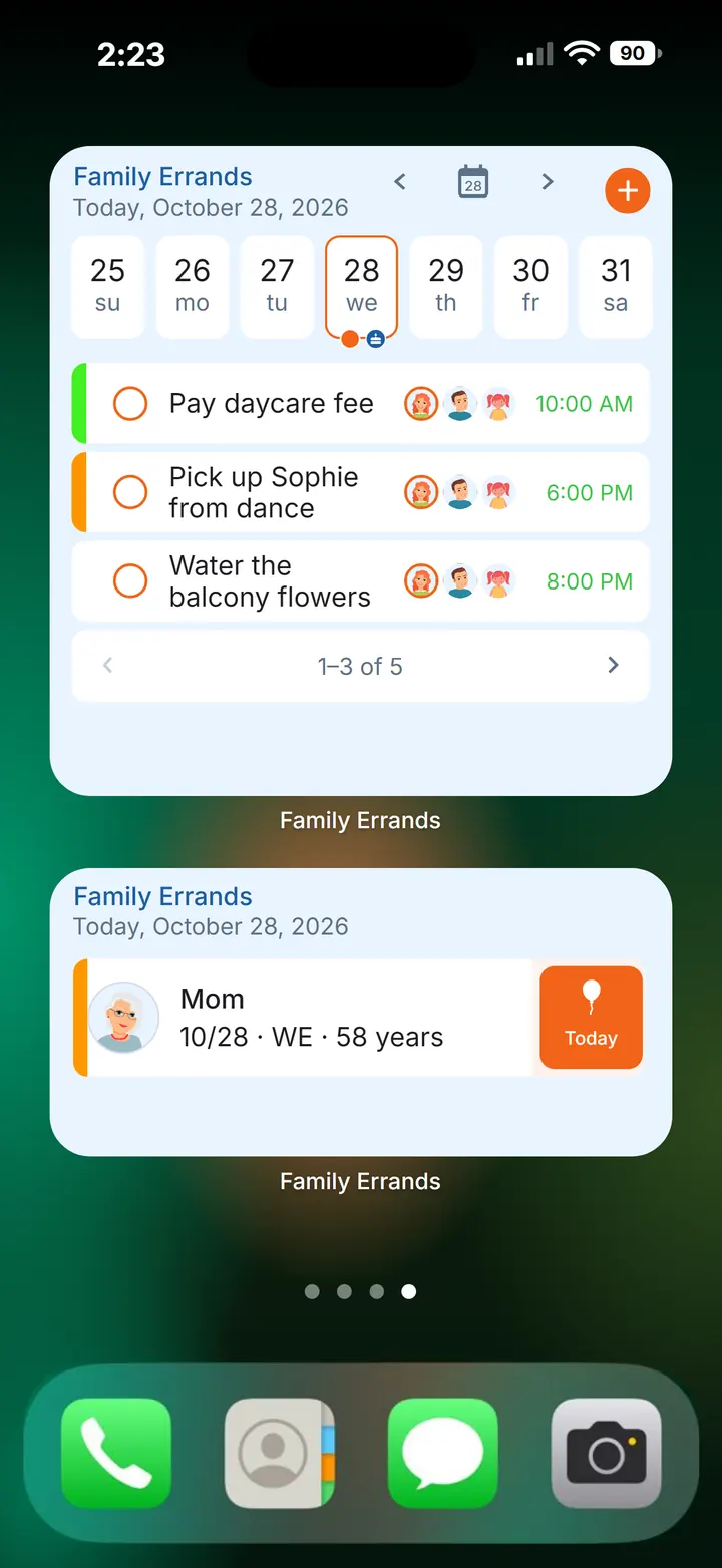 Family Errands widgets on the home screen